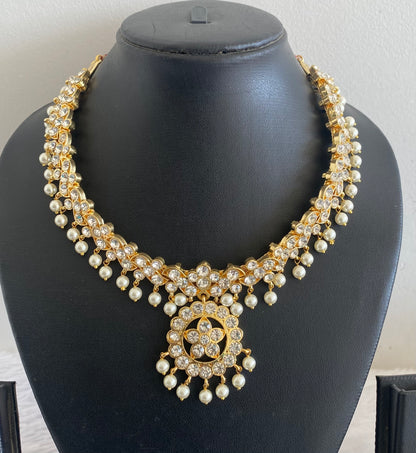 Gold tone AD white stone pearl necklace dj-53227