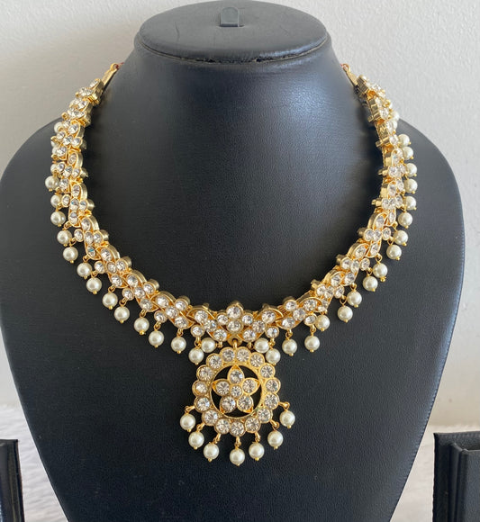 Gold tone AD white stone pearl necklace dj-53227