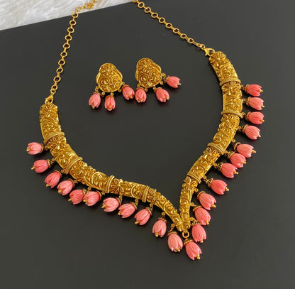 Matte finish pink tulip beaded necklace set dj-54371