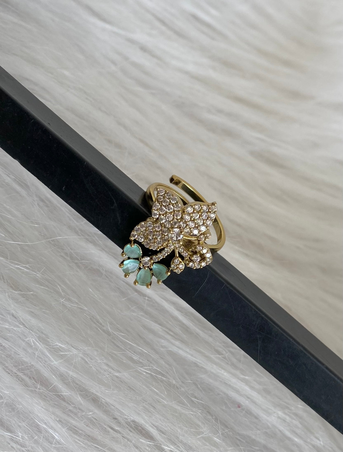Antique gold tone cz white-sea green stone flower adjustable finger ring dj-55046