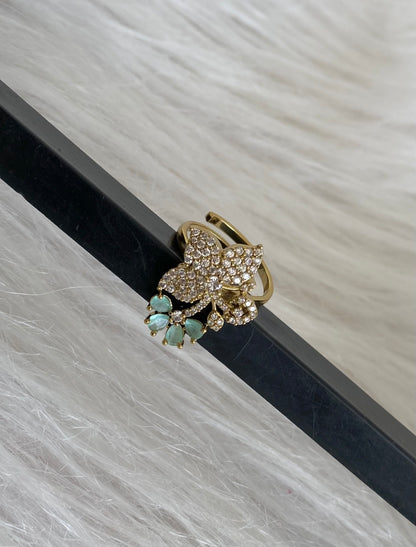 Antique gold tone cz white-sea green stone flower adjustable finger ring dj-55046