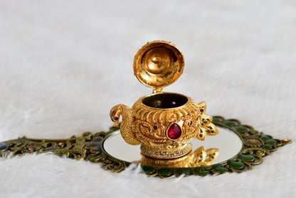 Antique gold tone kemp-green peacock kumkum box dj-52311