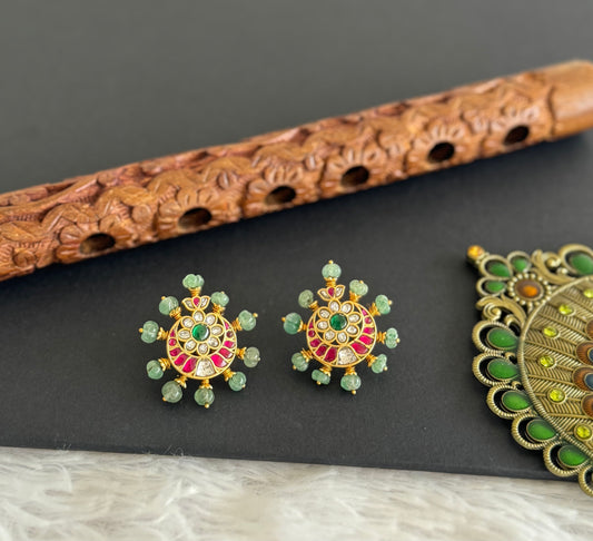 Gold tone pink-white kundan jadau green flower big stud/earrings dj-51501