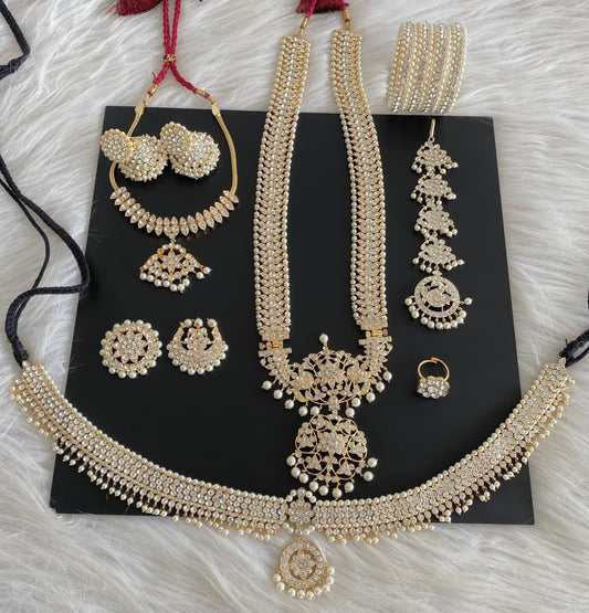 Gold tone precious white stone pearl flower bridal set dj-53966