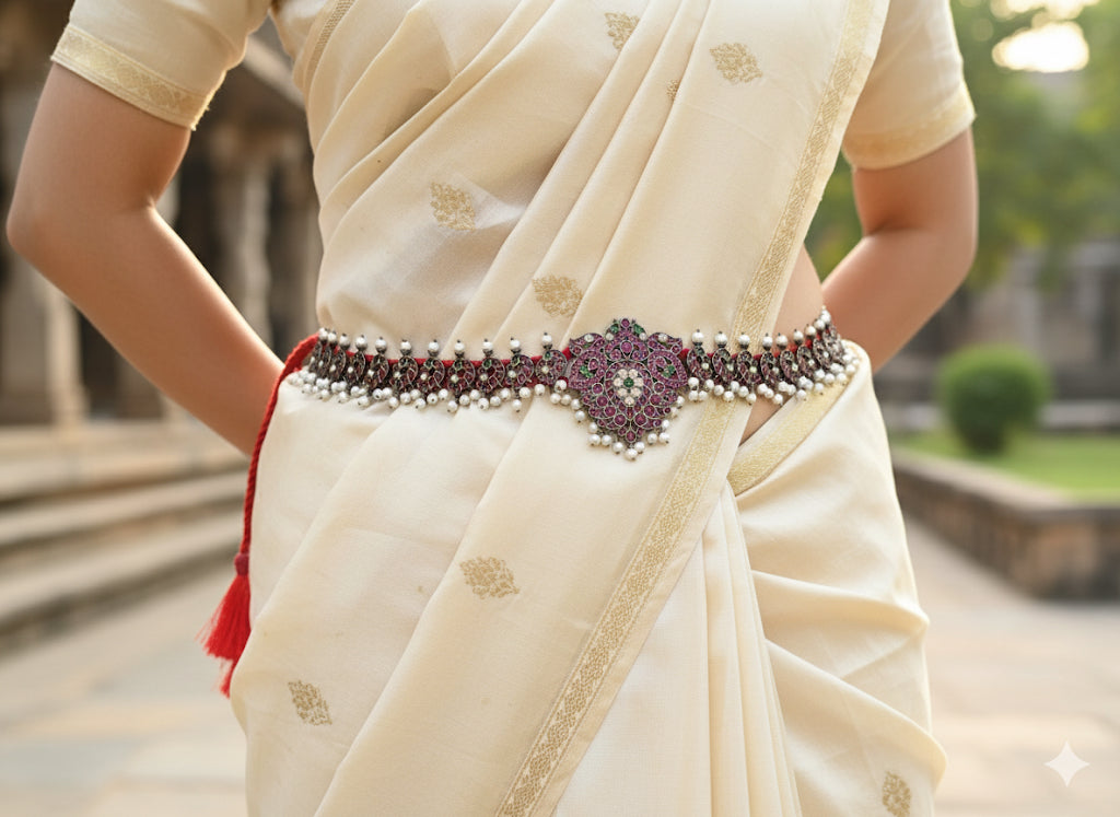 Black finish precious kemp-green-white pearl peacock waist band dj-52274