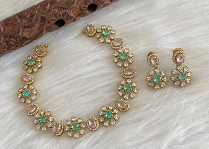 Antique gold tone cz white stone baby pink peacock green stone necklace set dj-54809