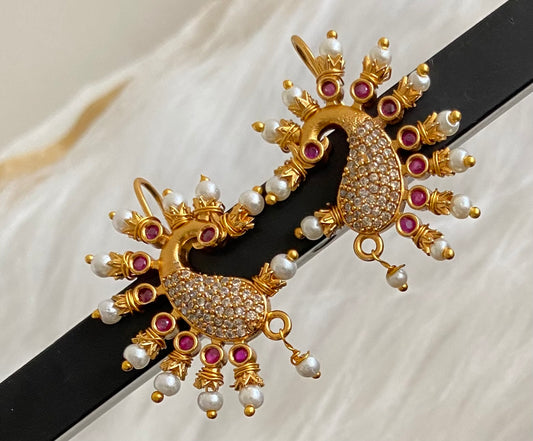 Matte gold white-pink stone pearl peacock bugadi earrings dj-53668