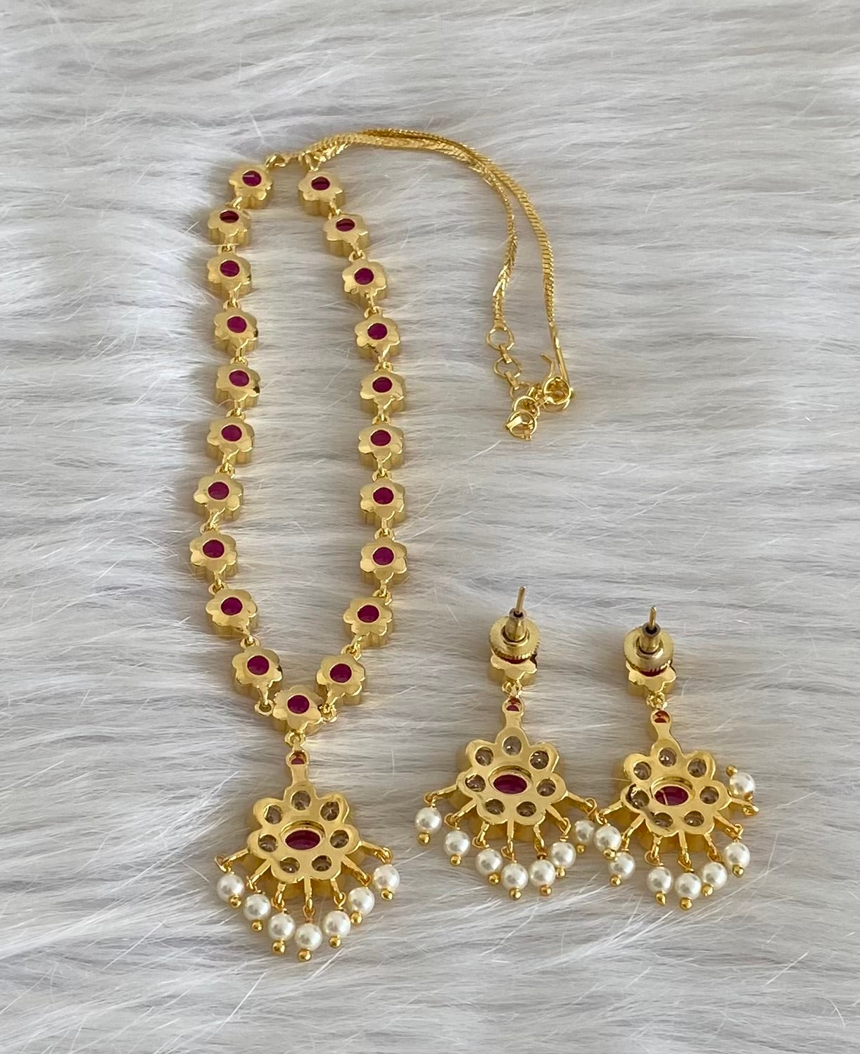 Gold tone pink-white stone pearl necklace set dj-54237