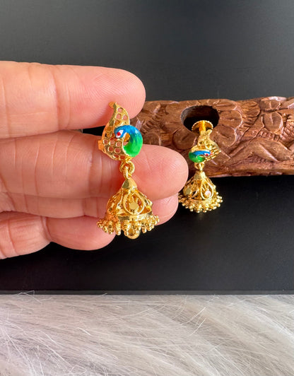 Gold tone blue-green small enamel peacock jhumkka dj-51290