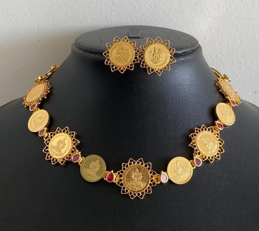 Gold tone pink stone lakshmi coin choker necklace set dj-54122