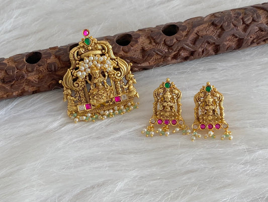 Antique gold tone pink-green-white pearl lakshmi peacock pendant set dj-54771