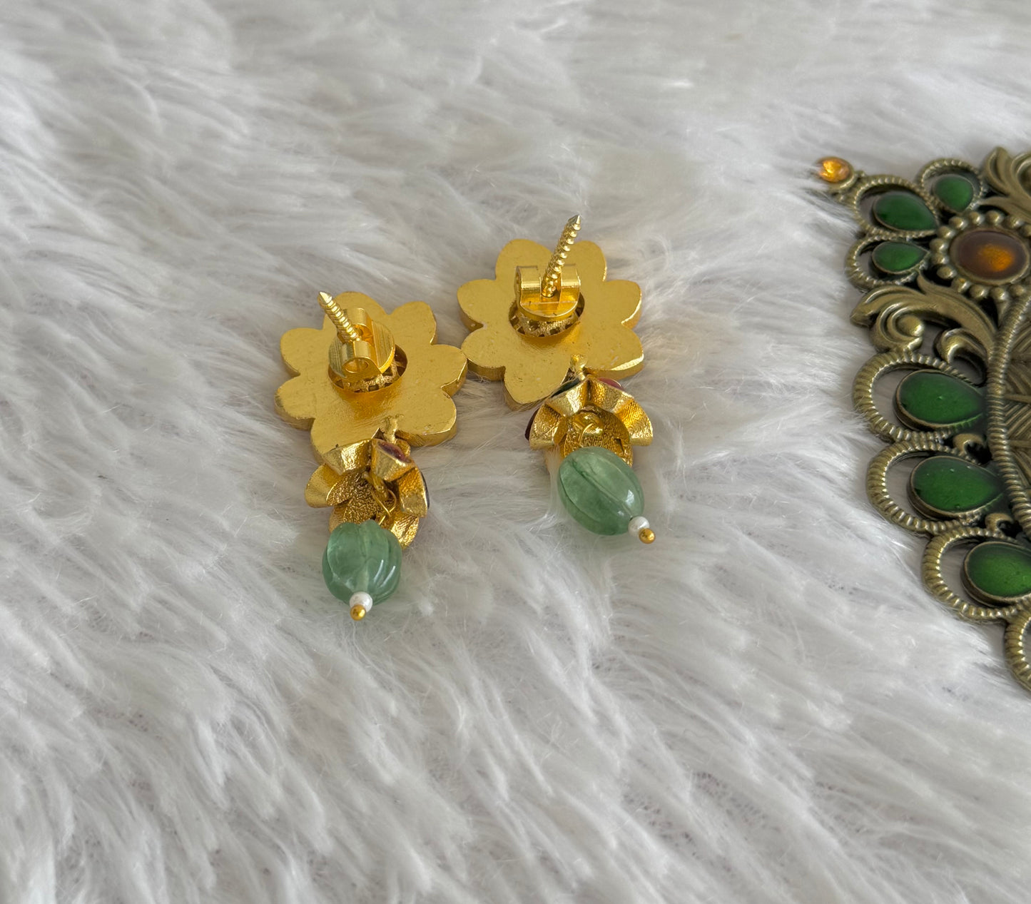Gold tone pink-green-white kundan jadau lotus green beaded jhumkka dj-51503