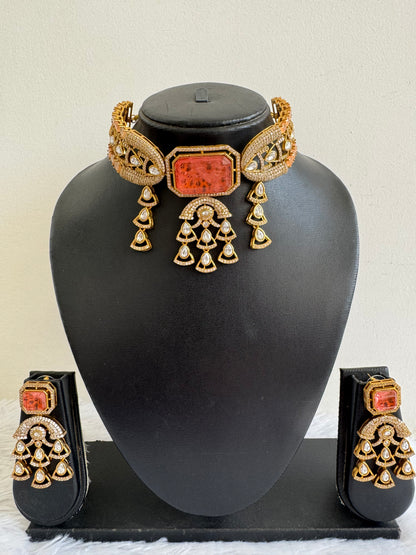 Antique gold tone cz kundan peach choker necklace set dj-51080