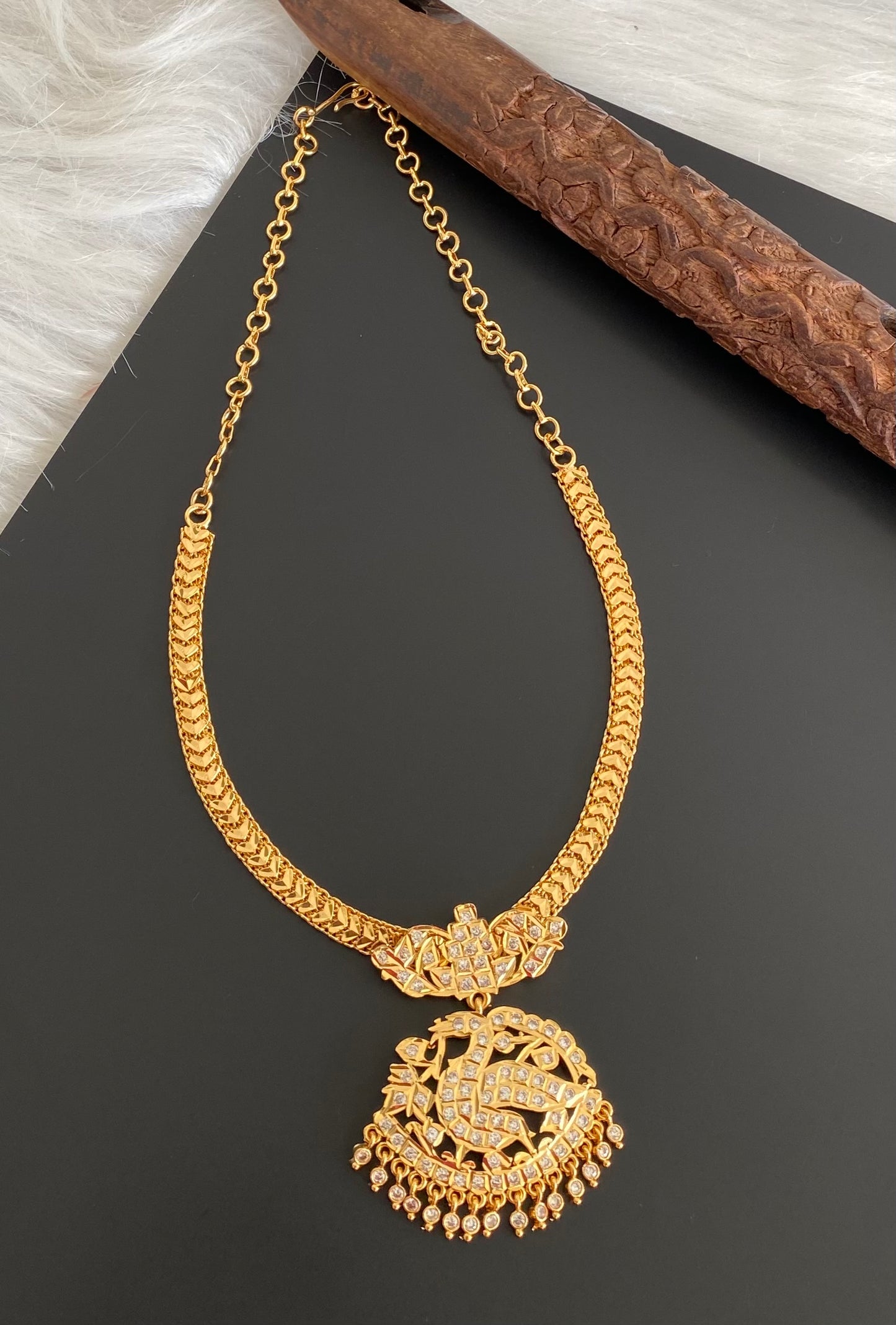 Gold tone south indian AD white swan attigai/necklace dj-53897
