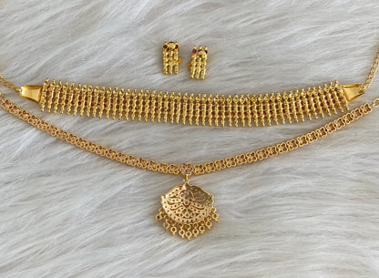 Gold tone pink-white stone combo necklace set dj-55105