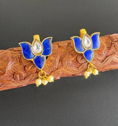 Gold tone blue kundan jadau lotus bugadi earrings dj-51158