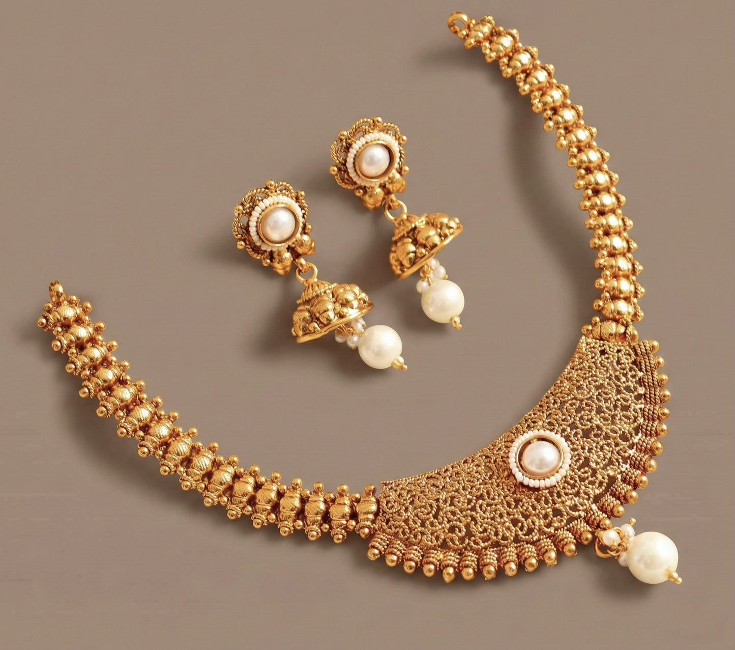 Antique gold tone pearl necklace set-dj07513