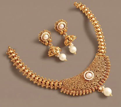Antique gold tone pearl necklace set-dj07513