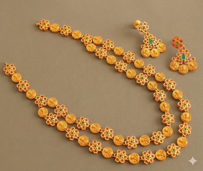 Matte finish ruby-green double layer lakshmi flower necklace set DJ25573