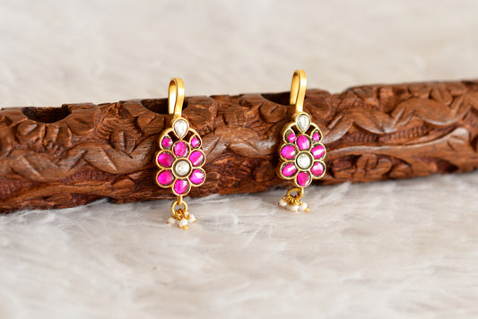 Gold tone pink-white kundan jadau flower bugadi earrings dj-52482