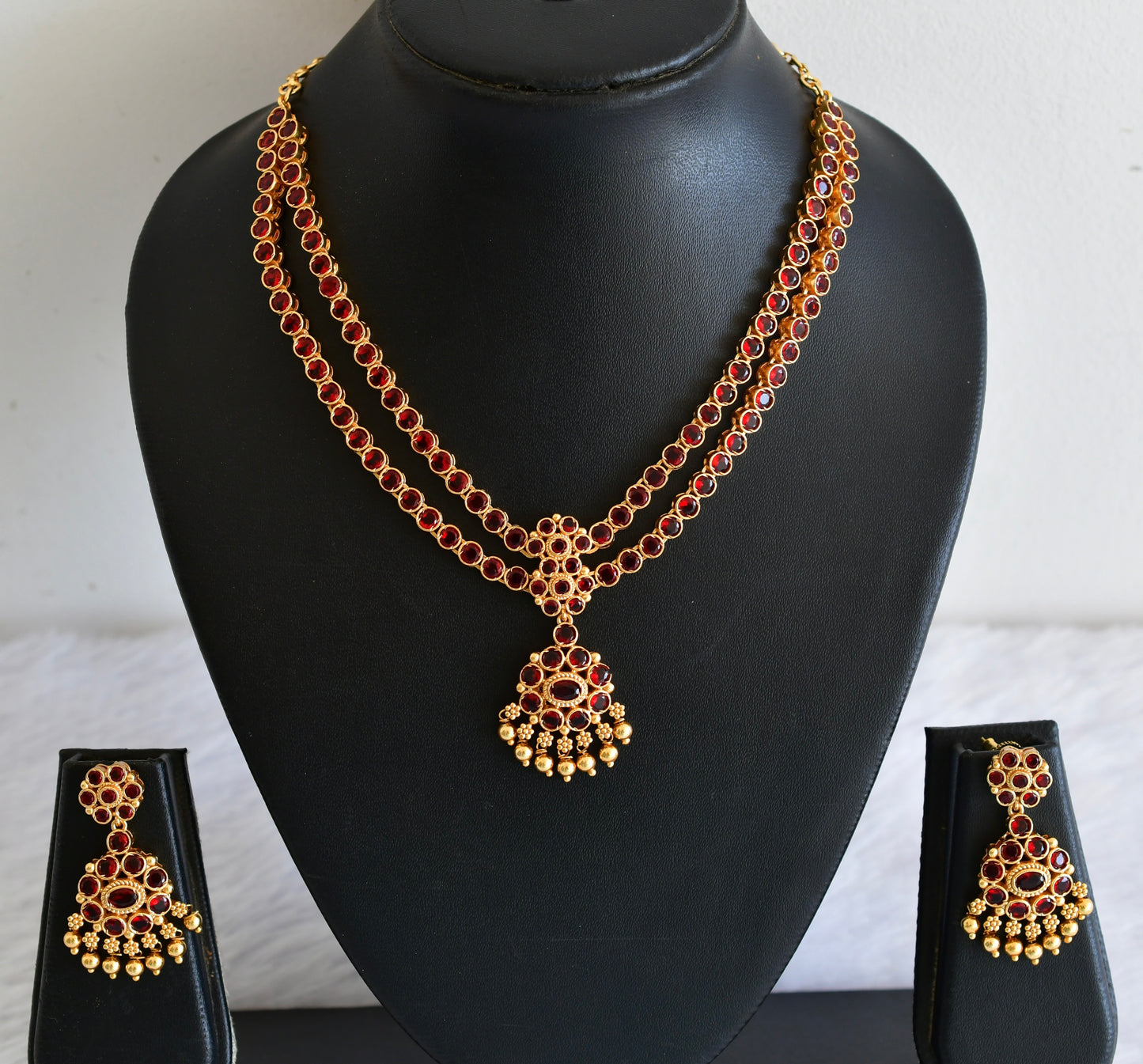Matte finish maroon double layer attigai/necklace set dj-53180