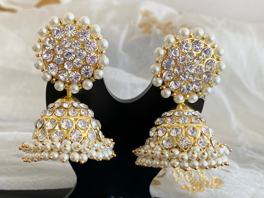 Gold tone precious white stone pearl big jhumkka dj-53906