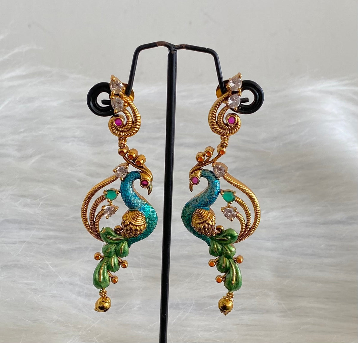 Matte finish white-kemp-green peacock long earrings dj-54650