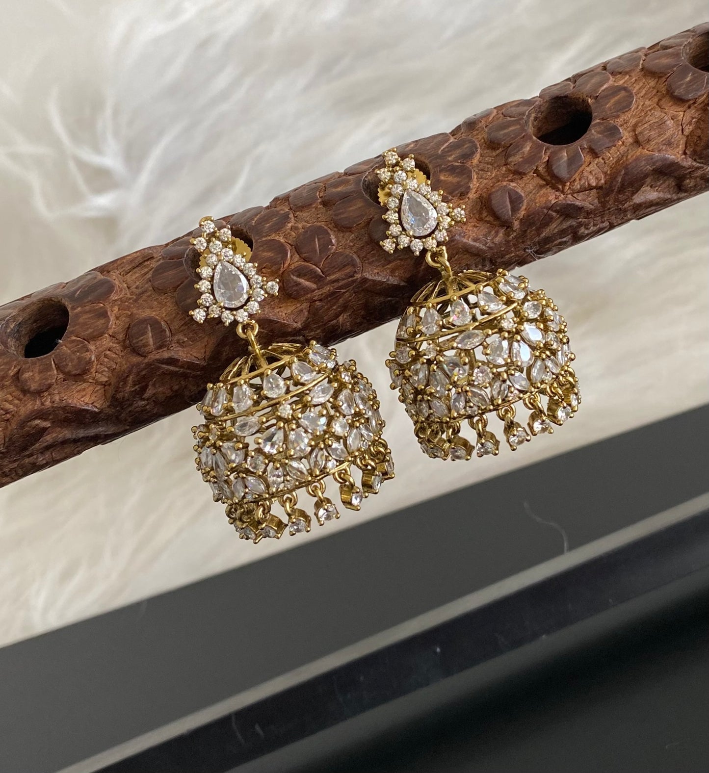 Dark antique gold tone white stone jhumkka dj-54646