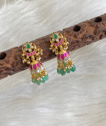 Gold tone pink-green-white stone kundan jadau green beaded moon jhumkka  dj-54585
