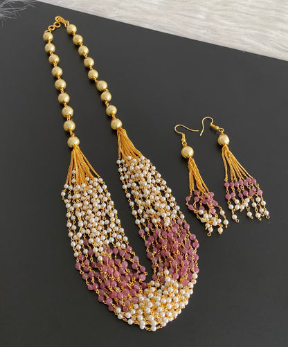 Gold tone baby pink beaded pearl multilayer necklace set dj-54214