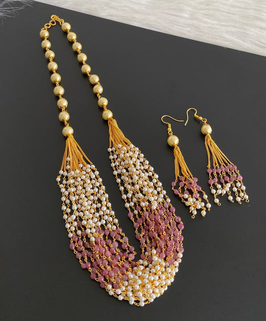 Gold tone baby pink beaded pearl multilayer necklace set dj-54214
