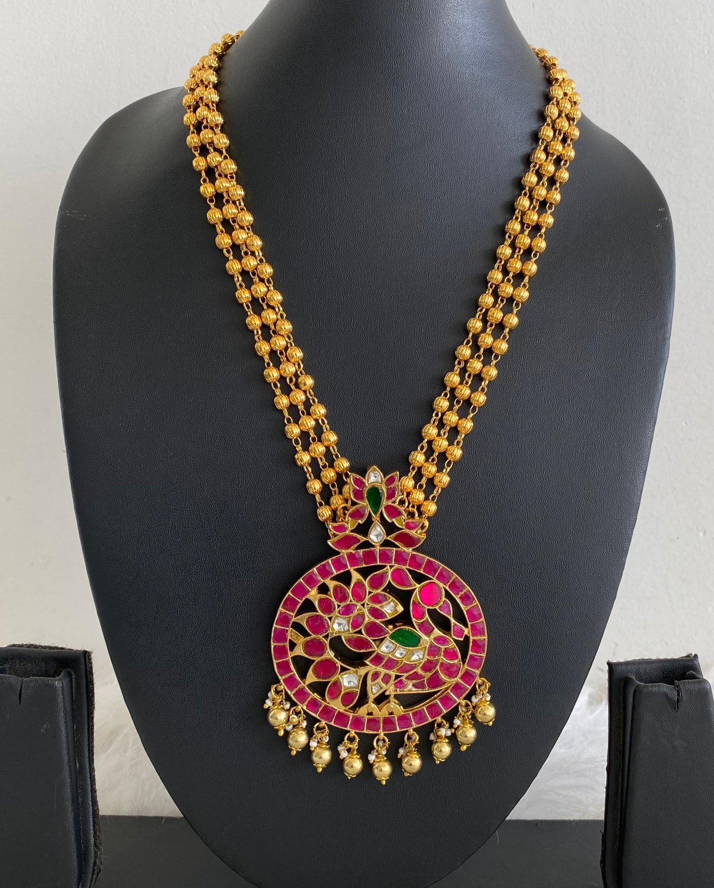 Gold tone pink-green-white kundan jadau swan necklace dj-54517