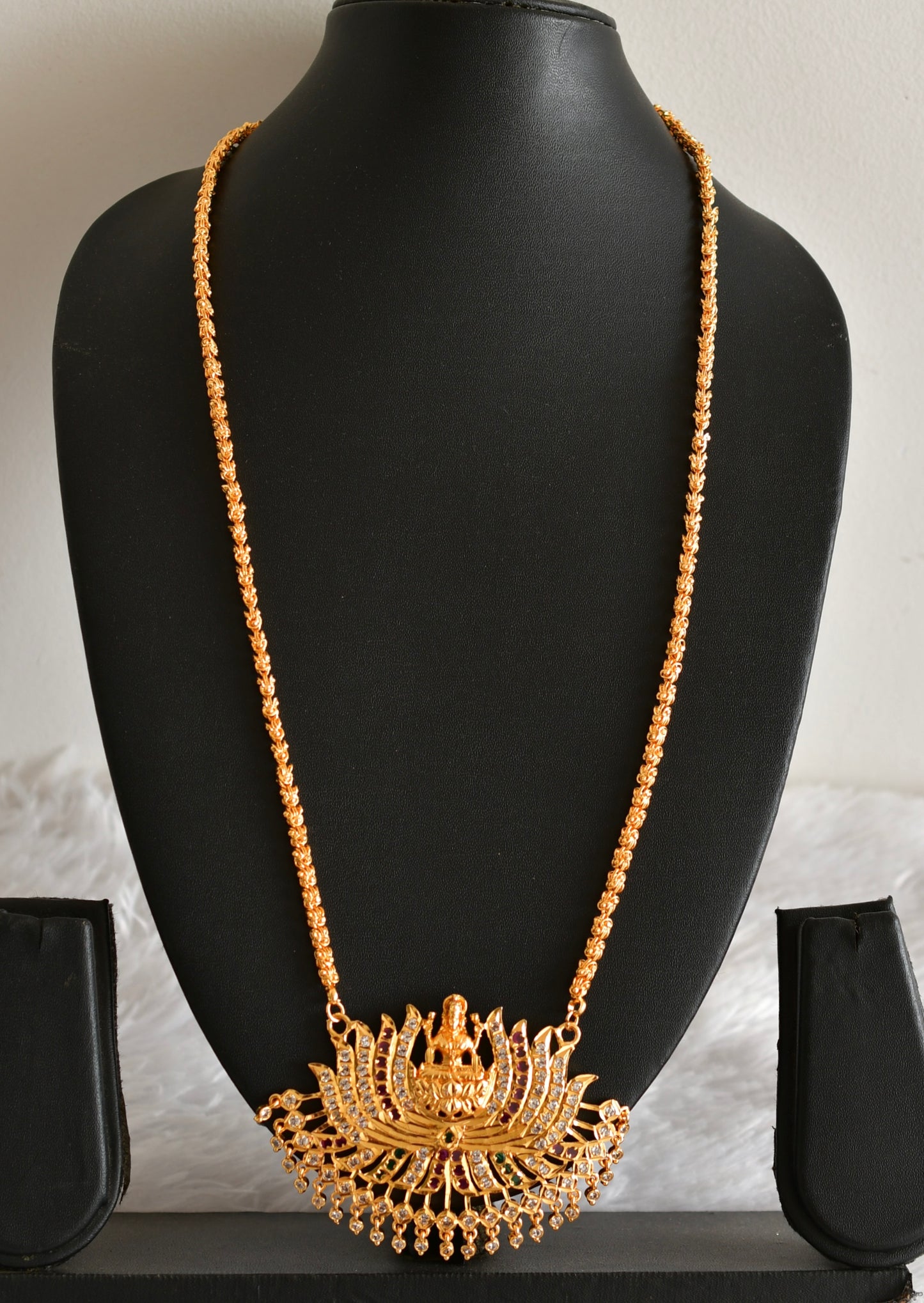 Gold tone ruby-white-green stone Lakshmi Lotus pendant with chain dj-38640