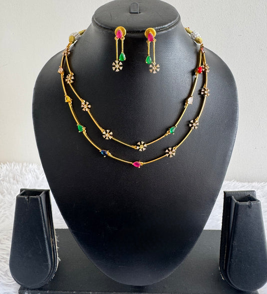 Matte finish cz Navarathna flower necklace set dj-52123