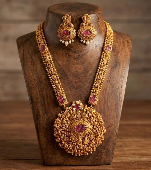 Matte Finish gold cluster ruby haar set -dj07789