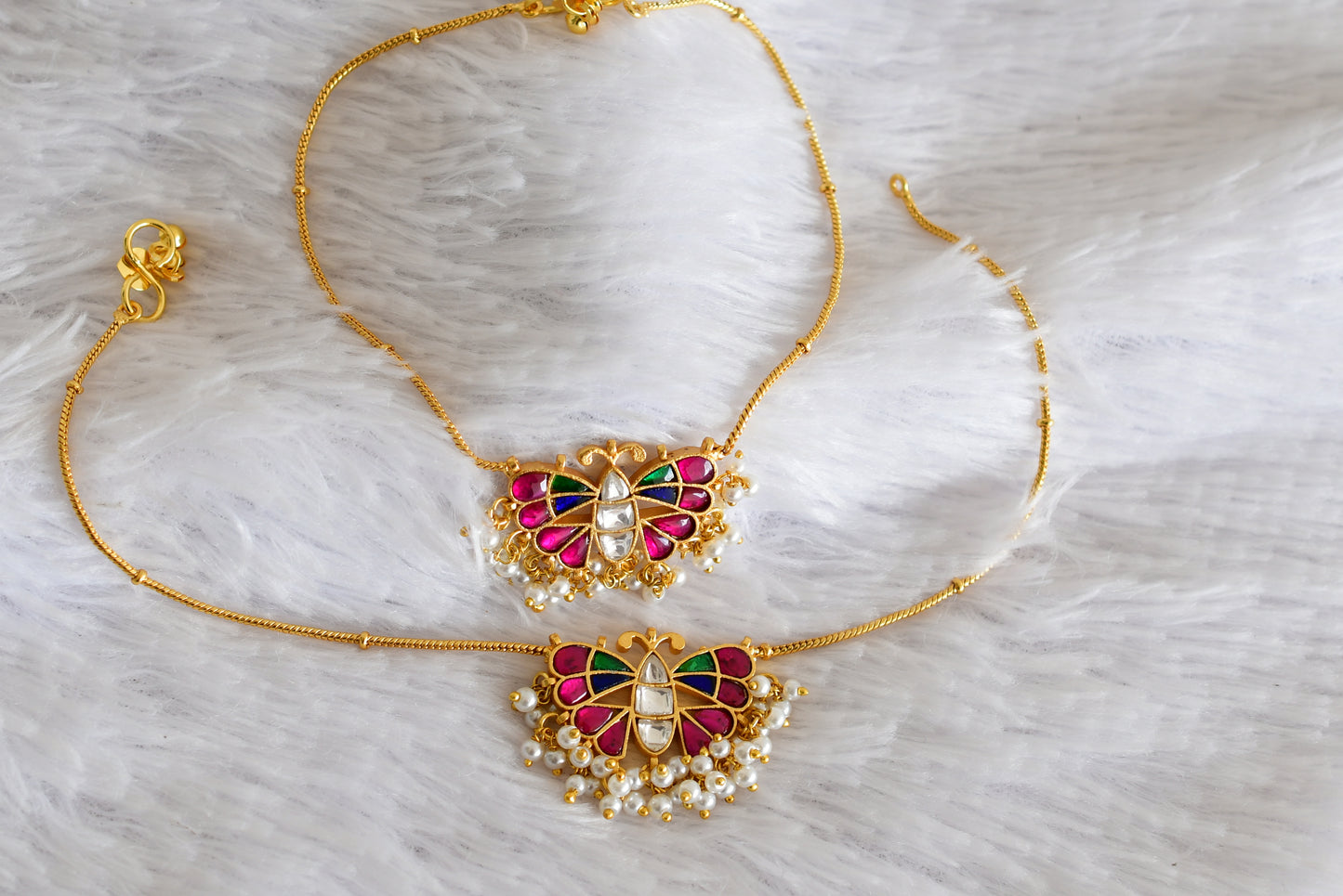 Gold tone pink-green-blue butterfly kundan jadau anklets dj-52389