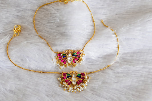 Gold tone pink-green-blue butterfly kundan jadau anklets dj-52389