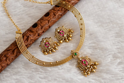Antique gold tone pink-green kundan jadau kante necklace set dj-52418