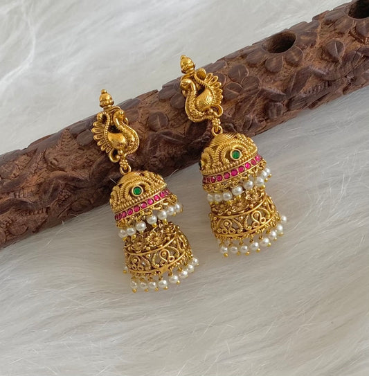 Antique gold tone kemp-green pearl peacock step jhumkka dj-54565