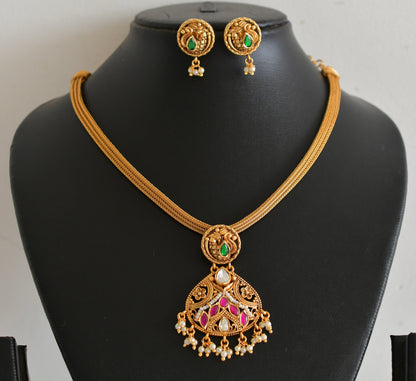 Matte finish pink-green-white kundan jadau peacock choker/necklace set dj-54024