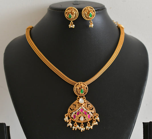 Matte finish pink-green-white kundan jadau peacock choker/necklace set dj-54024