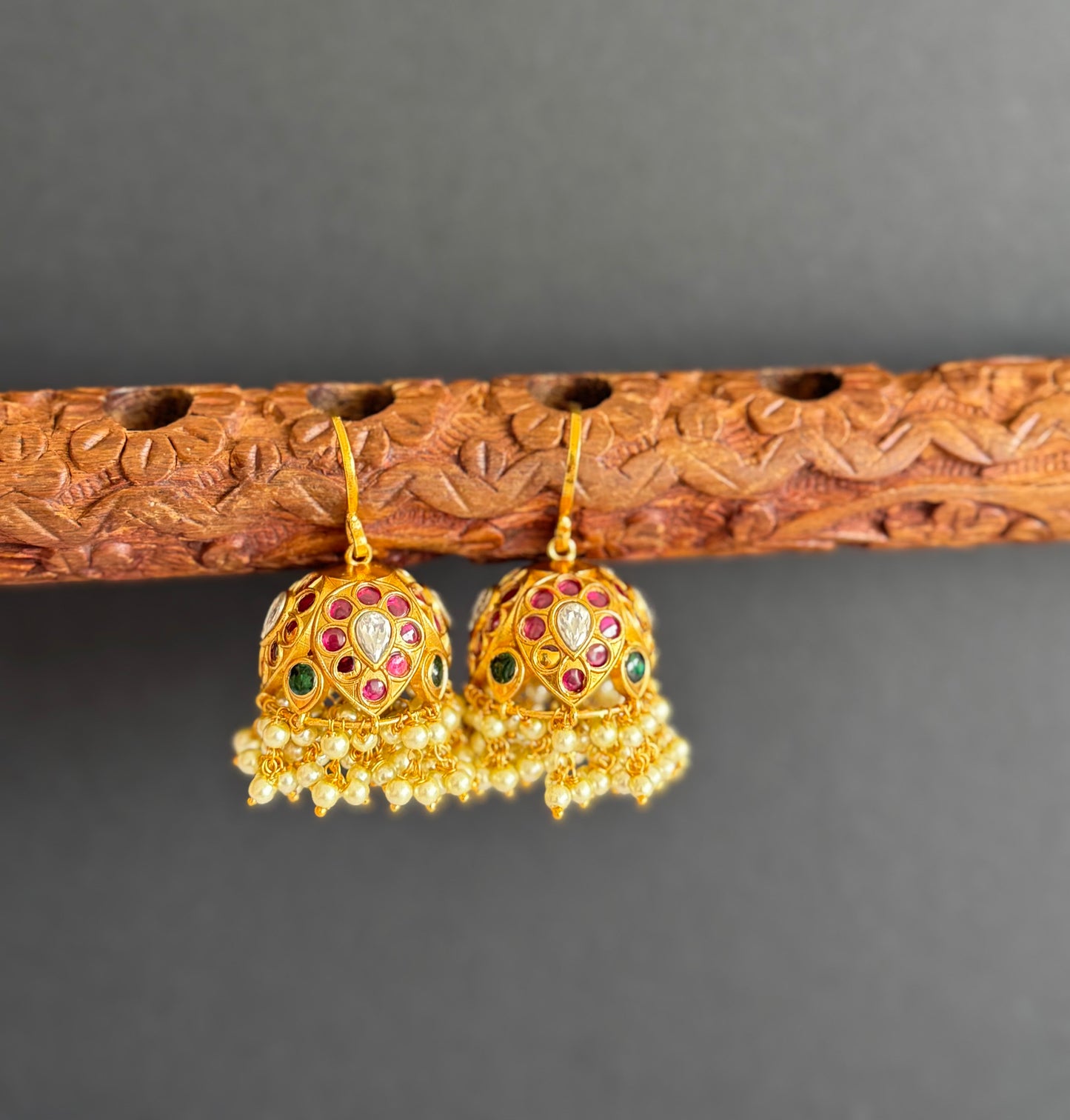 Matte finish kemp-green-white kundan pearl cluster hook jhumkka dj-51480