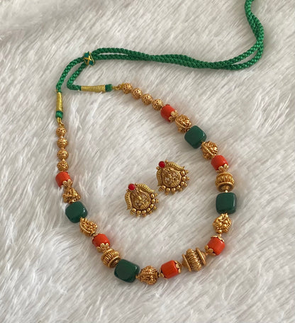Antique gold tone coral green nakshi beaded lakshmi ganesha necklace set dj-54947