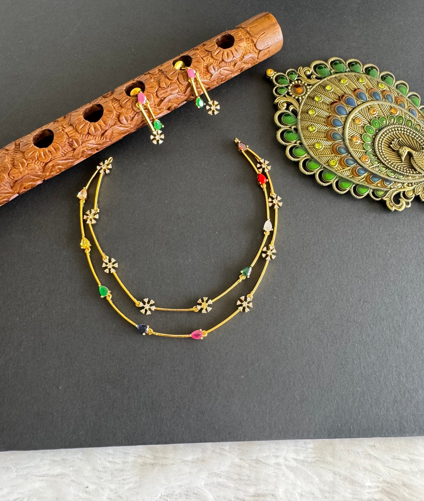 Matte finish cz Navarathna flower necklace set dj-52123