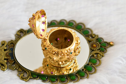 Antique gold tone kemp-green Lakshmi kumkum box dj-52312