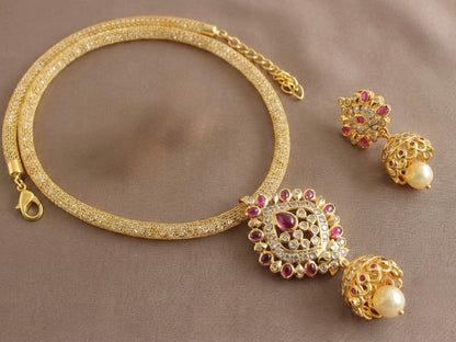 Gold Tone cz kemp jhumkka pendant necklace set-dj07391