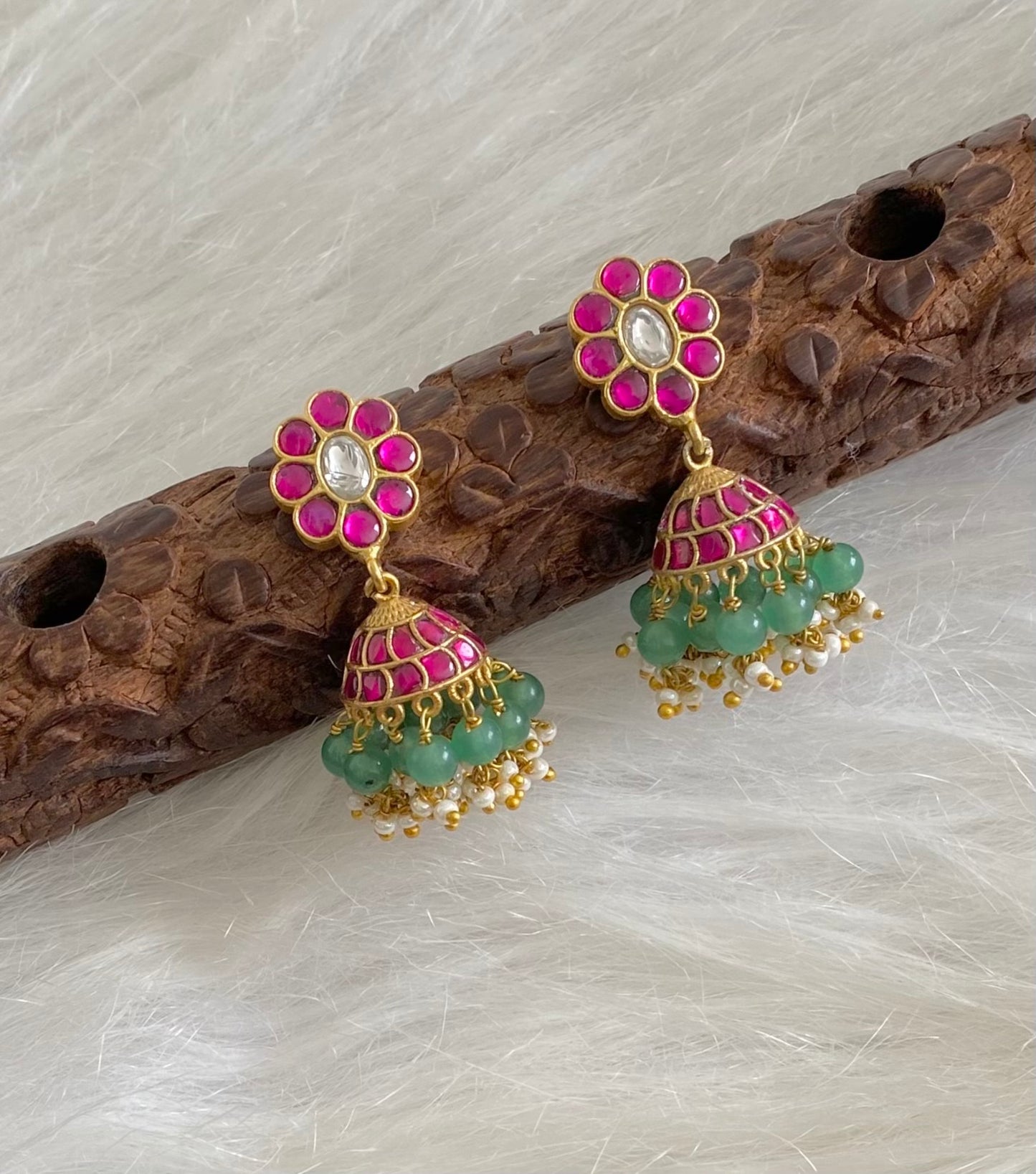 Gold tone pink-white stone kundan jadau green beaded jhumkka  dj-54586