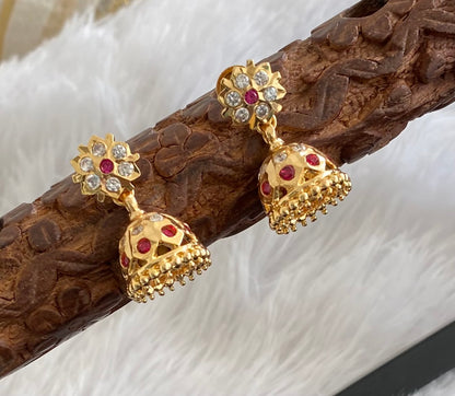 Gold tone AD pink-white flower small jhumkka dj-51892