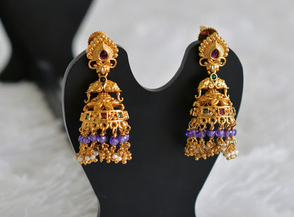 Antique gold tone ruby-green purple beaded elephant jhumkka dj-52161