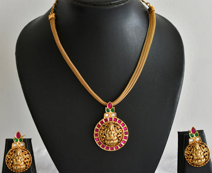 Matte finish pink-green jadau Lakshmi pendant necklace set dj-51821